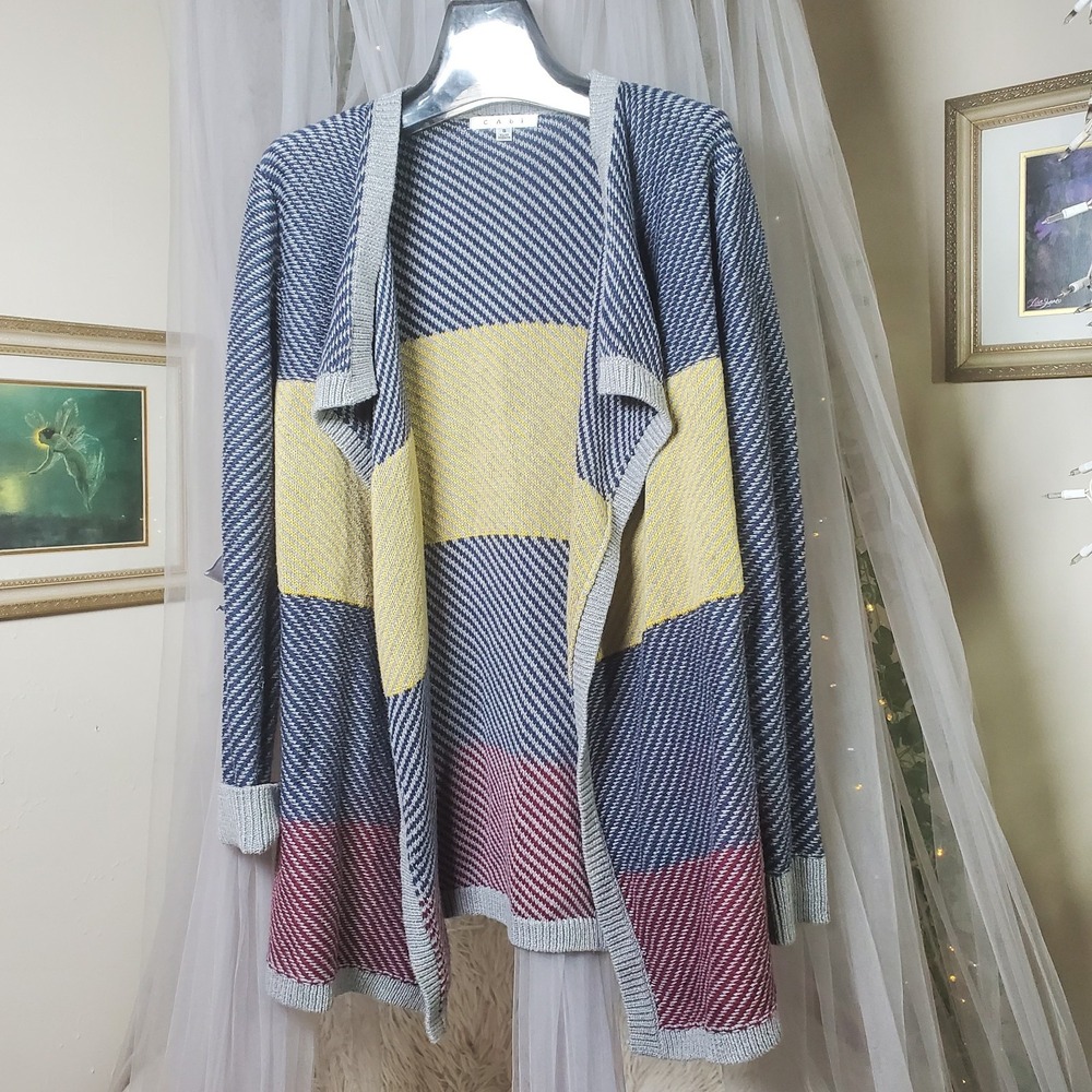 CAbi‎ Draped Cardigan Sweater Size S Color Block Open Front Long Sleeve Cotton